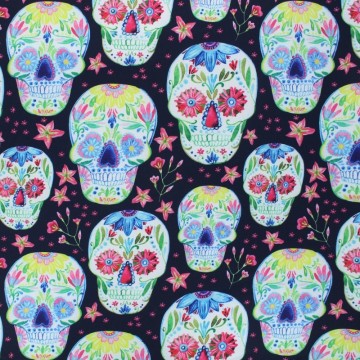 Softshell fabric night blue flower skull x 10cm